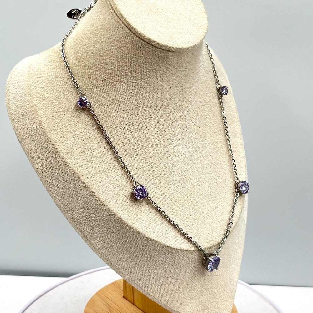 Vintage Charming Charlie Silver Tone Lavender CZ Station Necklace Retro Y2K Glam - Picture 7 of 11